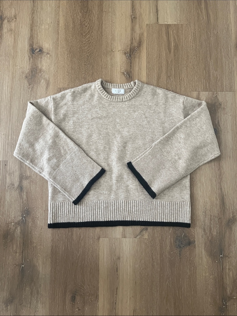 Sage Beige Crewneck Sweater with Black Trim